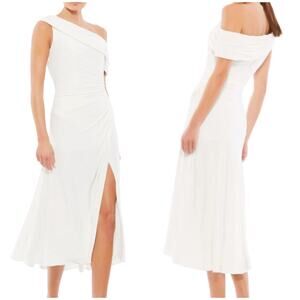 Mac Duggal Asymmetric One Shoulder Ruched Midi Dress Size 8 White Side Slit